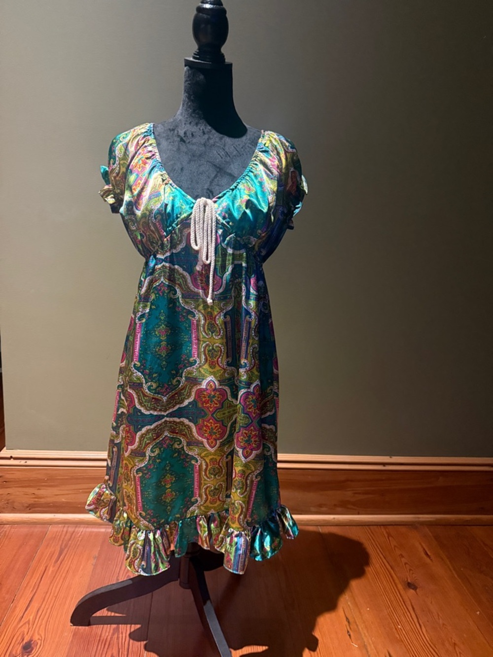 Teal Paisley Tie-Front Mini Dress